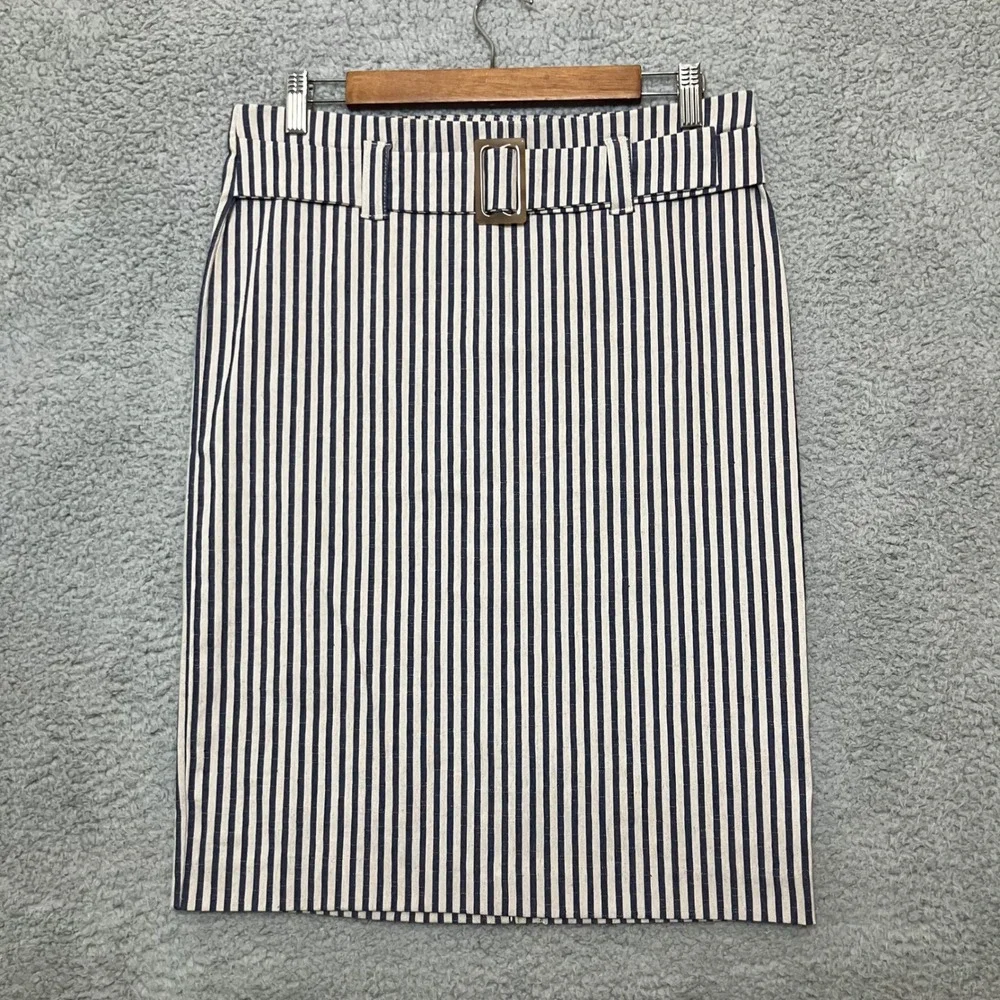 NWOT Linda Matthews Pencil Skirt Women M Navy Oatmeal Linen Blend Striped Belted